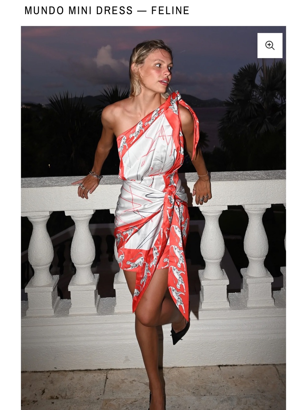 Feline One-Shoulder Mini Dress in Coral and White - Picture 7 of 8